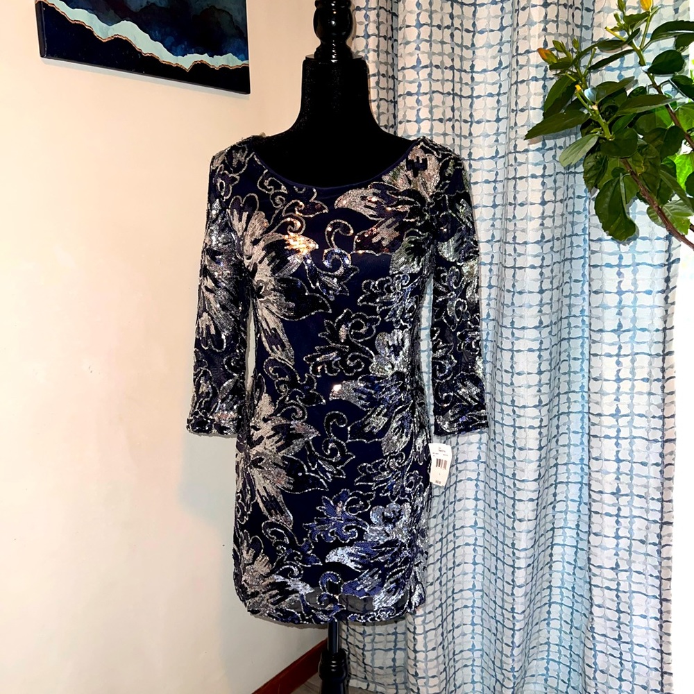 Sequined navy cocktail dress